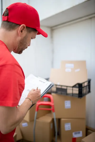 Delivery worker checking a clipboard beside a stack of cardboard boxes